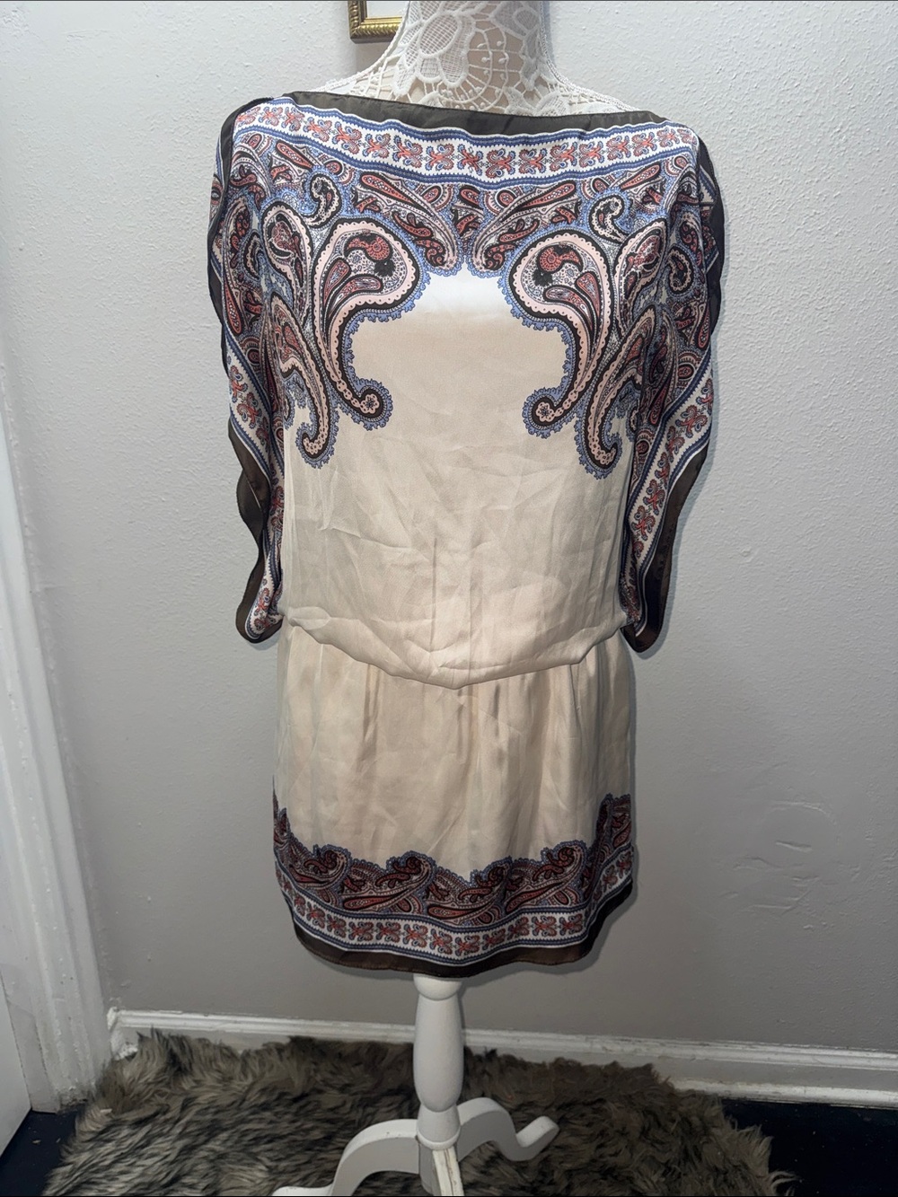 Max Studio Cream Paisley-Print Mini Dress with Blue and Rust Details